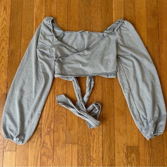 Zara Gray Gingham Blouse Wrap Tie Long Sleeve Crop Top Women’s Size Small - Picture 2 of 6